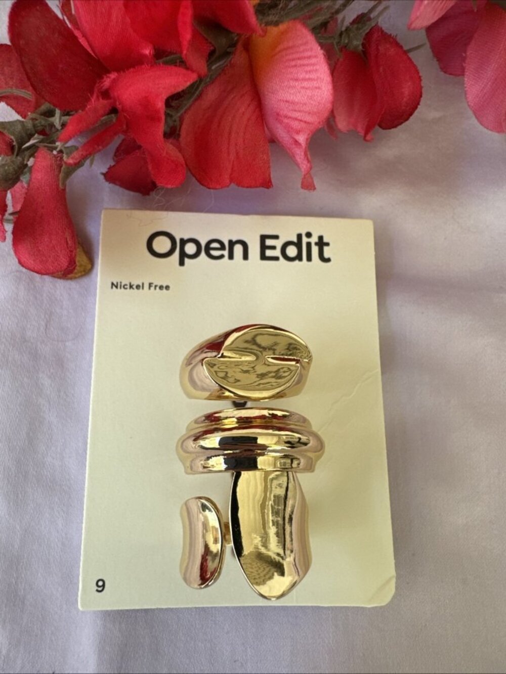 Open Edit Shiny Chunky Gold Tone Rings Size 9 Nickel Free Nordstrom Set of 3 NWT